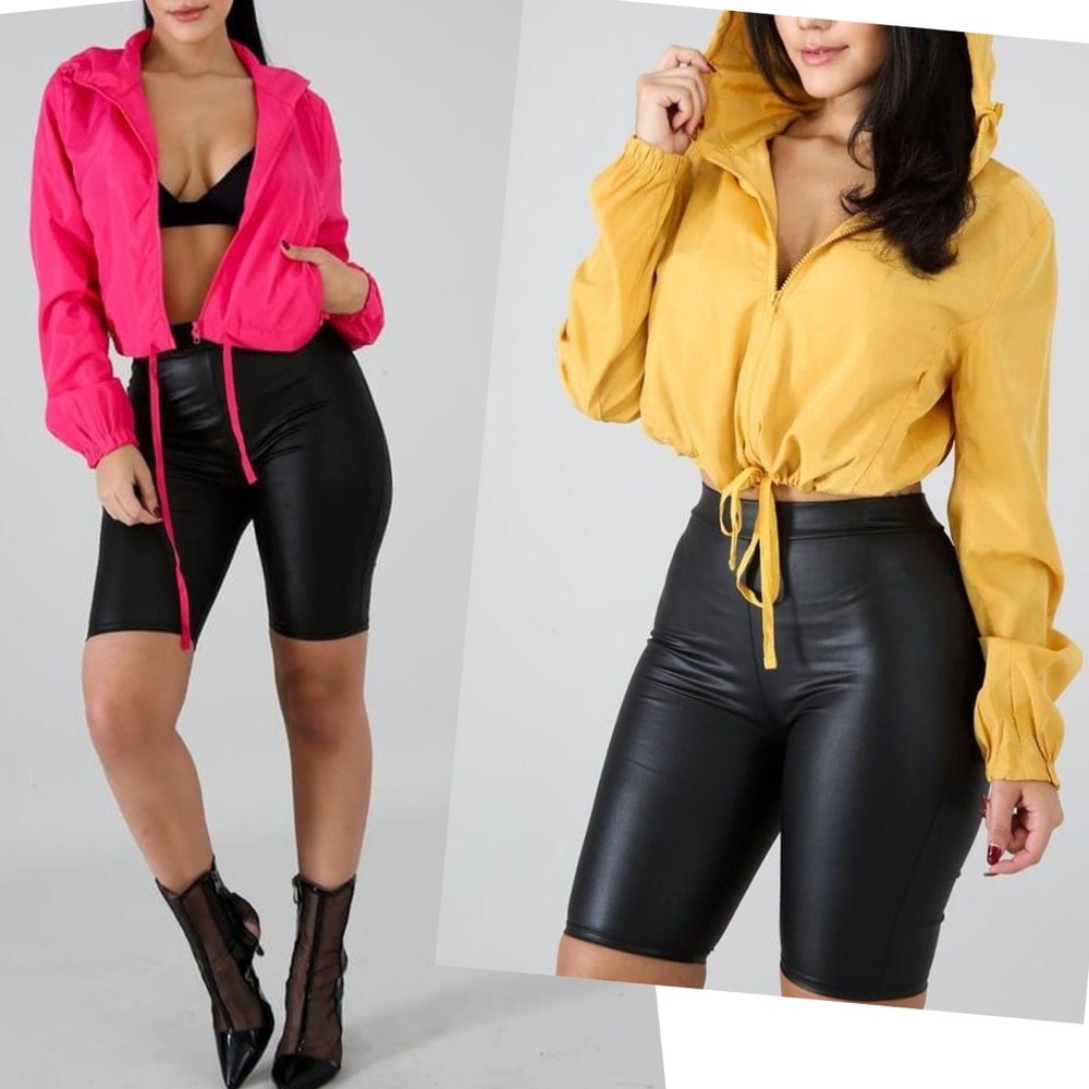 Mustard Yellow Cropped Windbreaker Hooded Jacket